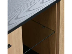 Móvel TV cor e madeira natural, com 3 portas, 2 compartimentos abertos e 1 gaveta, com LED^ Móvel De Tv