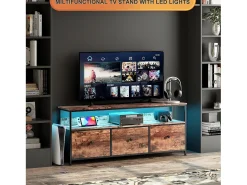 Sale Móvel TV de 108 cm, com 3 gavetas de arrumação, prateleiras, estrutura metálica, rectangular, industrial vintage, mobiliário de sala em madeira - Castanho