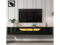 Hauss Spole Móvel TV de parede 180x37x36cm com LED, 3 portas, corpo em folheado de madeira natural e lacado brilhante^ Móvel De Tv