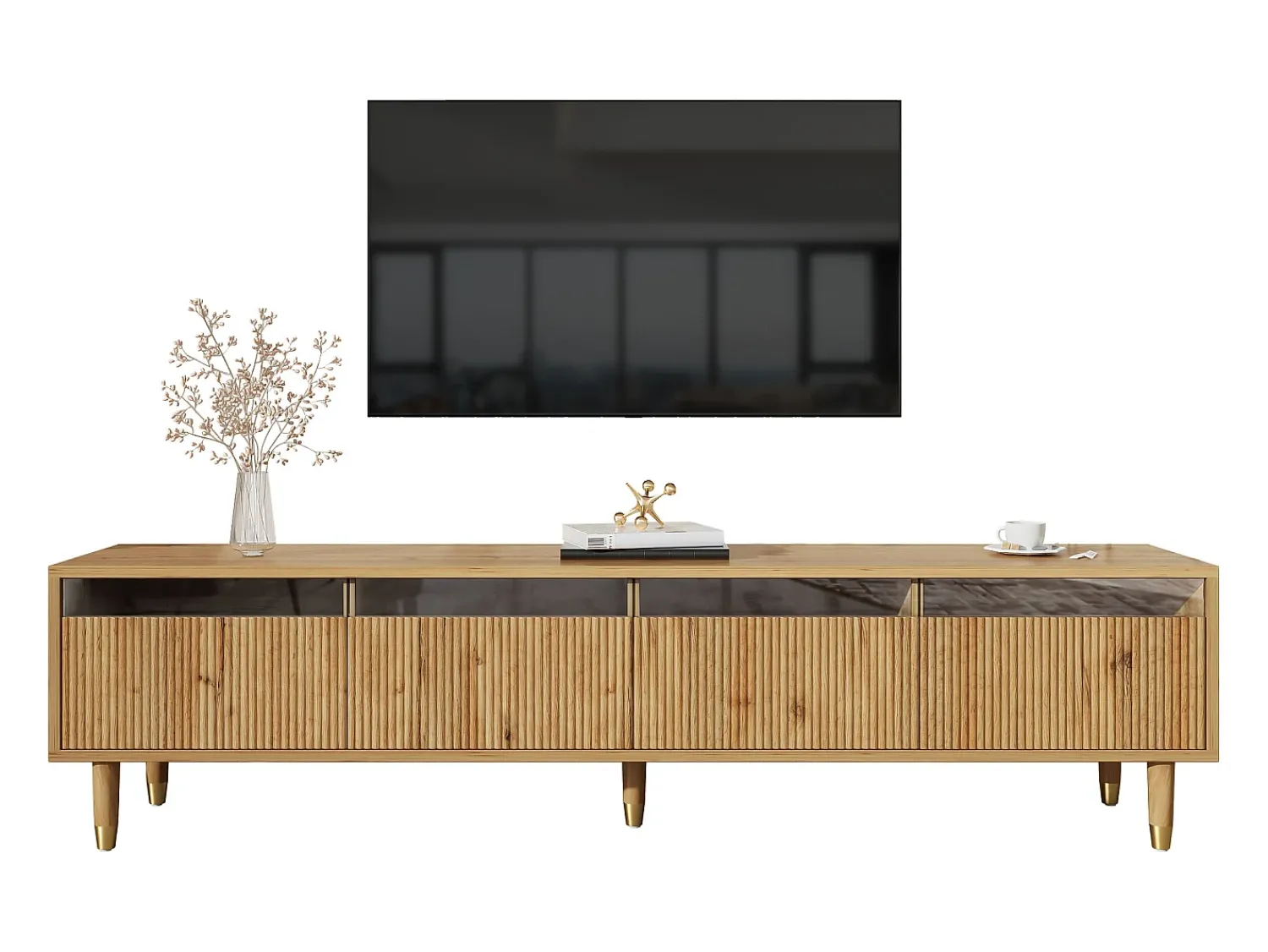 Móvel De Tv*Hauss Spole Móvel TV em madeira com 4 gavetas, gaveta em madeira e acrílico 178x35x45cm Natural claro