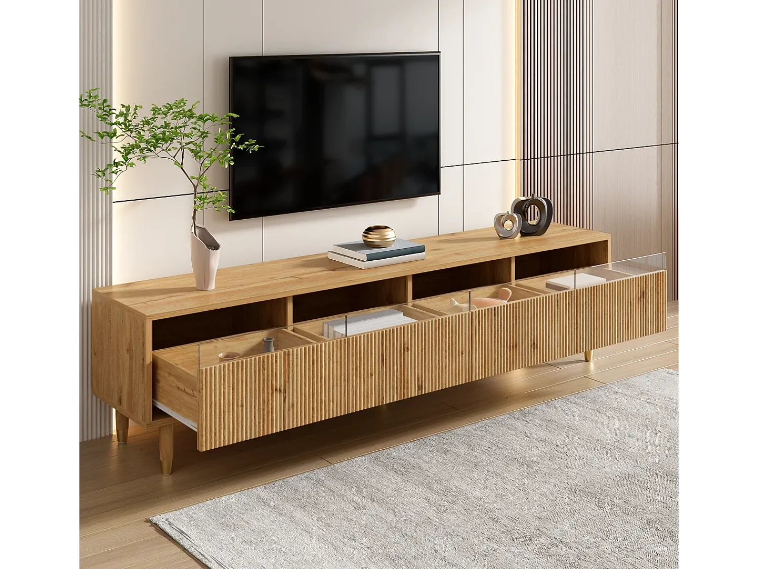 Móvel De Tv*Hauss Spole Móvel TV em madeira com 4 gavetas, gaveta em madeira e acrílico 178x35x45cm Natural claro