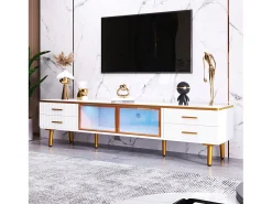 Móvel De Tv|ModernLuxe Móvel TV escandinavo 170cm com LED - 4 gavetas - folheado com padrão mármore - Branco