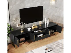 ModernLuxe Móvel TV L 170cm - aspecto brilhante - 4 portas texturadas gravadas com puxadores dourados -^ Móvel De Tv