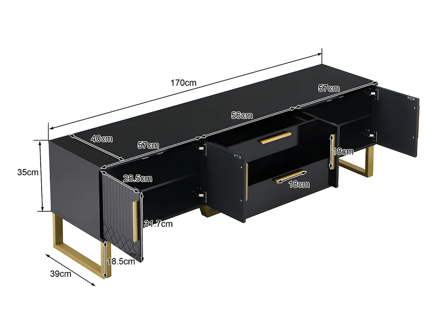 ModernLuxe Móvel TV L 170cm - aspecto brilhante - 4 portas texturadas gravadas com puxadores dourados -^ Móvel De Tv