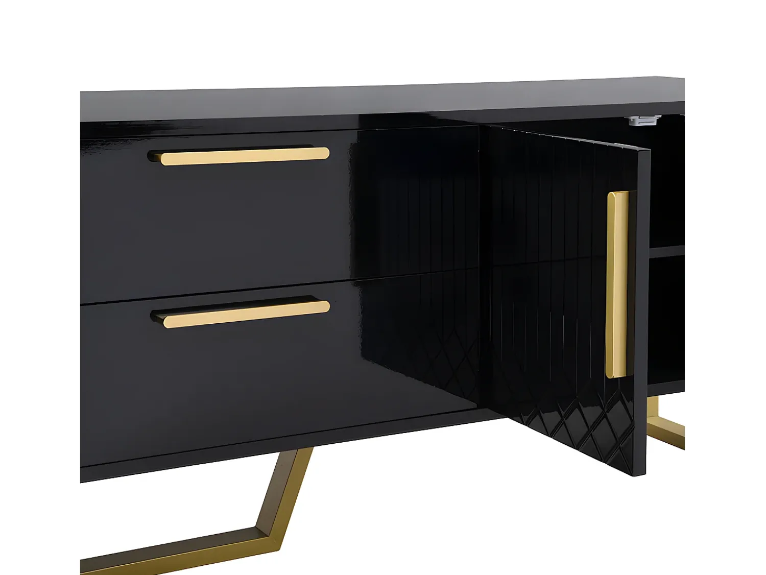 ModernLuxe Móvel TV L 170cm - aspecto brilhante - 4 portas texturadas gravadas com puxadores dourados -^ Móvel De Tv