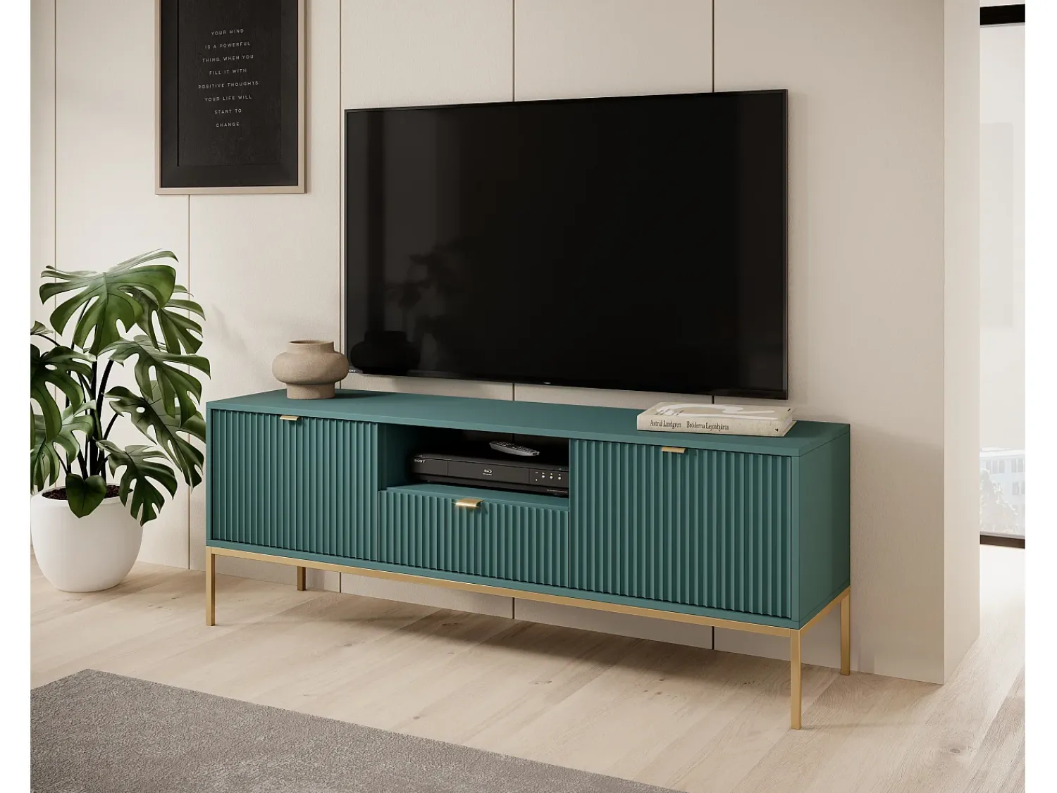 Móvel TV: labrador, dourado, 154 x 56 x 39 cm, puxadores dourados Verde