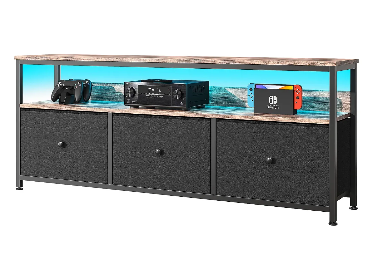 Móvel De Tv| Móvel TV LED 137x30x57cm - 3 gavetas em pele e tecido metal - Preto