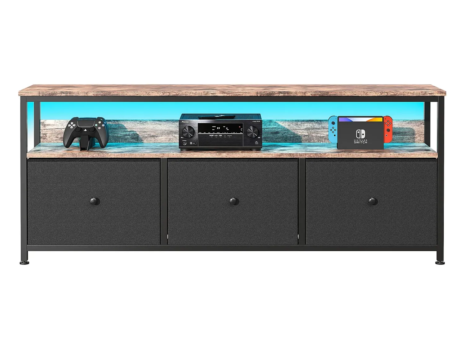 Móvel De Tv| Móvel TV LED 137x30x57cm - 3 gavetas em pele e tecido metal - Preto