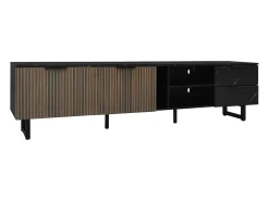 Móvel De Tv| Móvel TV LED 200x50x38cm - com 2 portas e 2 gavetas - aspecto mármore , portas com veios de madeira escura - Preto
