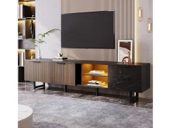 Móvel De Tv| Móvel TV LED 200x50x38cm - com 2 portas e 2 gavetas - aspecto mármore , portas com veios de madeira escura - Preto