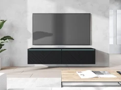 Móvel De Tv* Móvel TV moderno 140 cm para sala com LED 2 portas sem puxadores mate de chão ou suspenso frentes MDF em espinha Preto