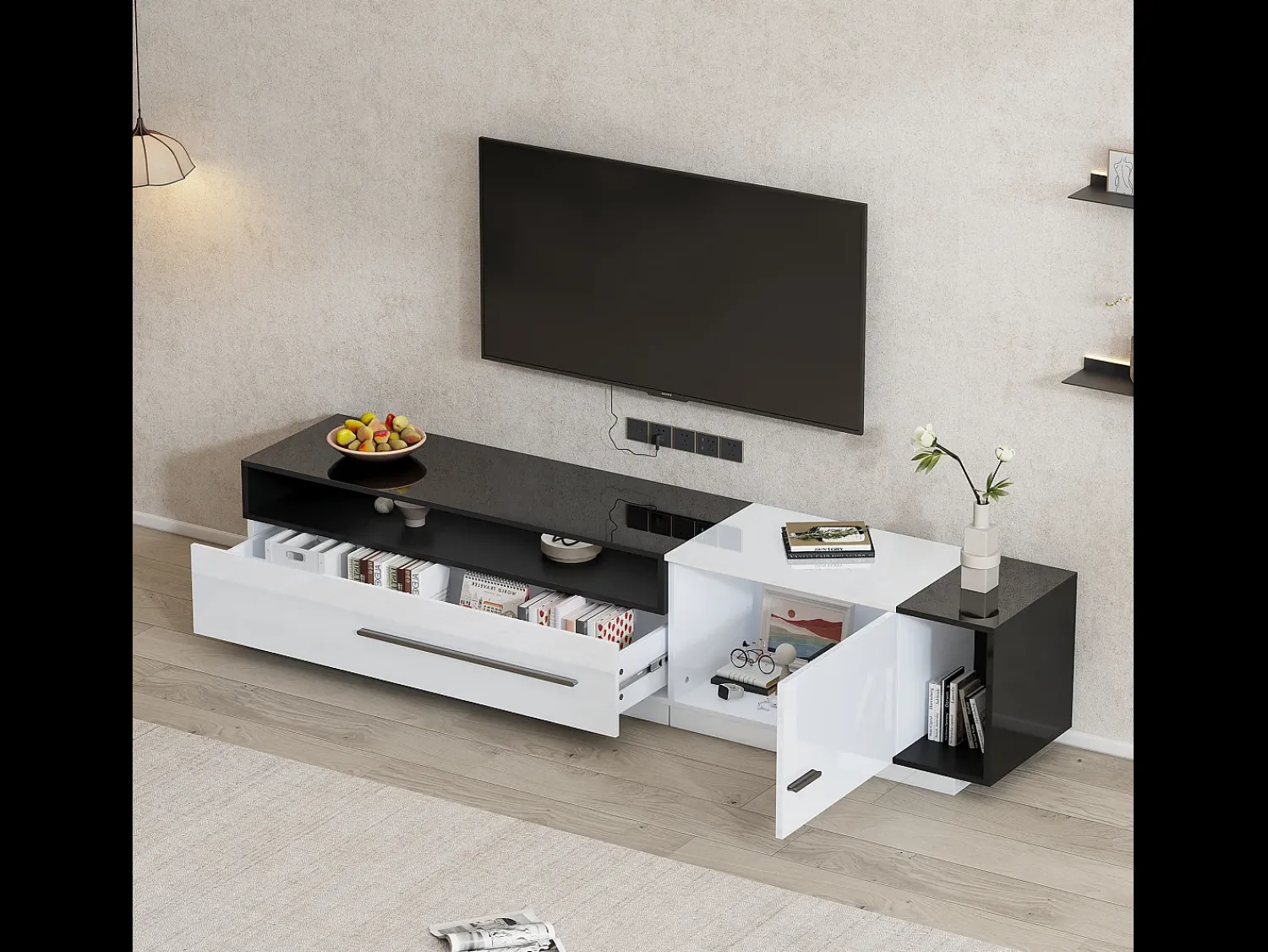 Móvel De Tv*Hauss Spole Móvel TV 170x38x42,3 cm com gaveta, porta e prateleira aberta, + preto Branco