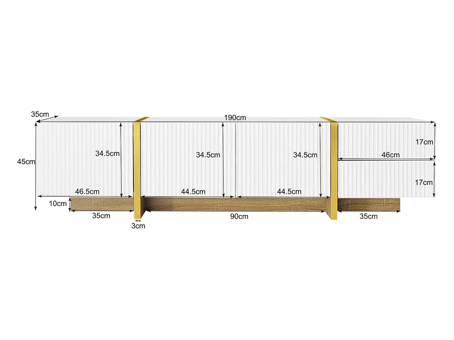 New Móvel TV 190x35x45cm - com 3 portas 2 gavetas - grão e madeira - MDF+PB - Branco+ Dourado