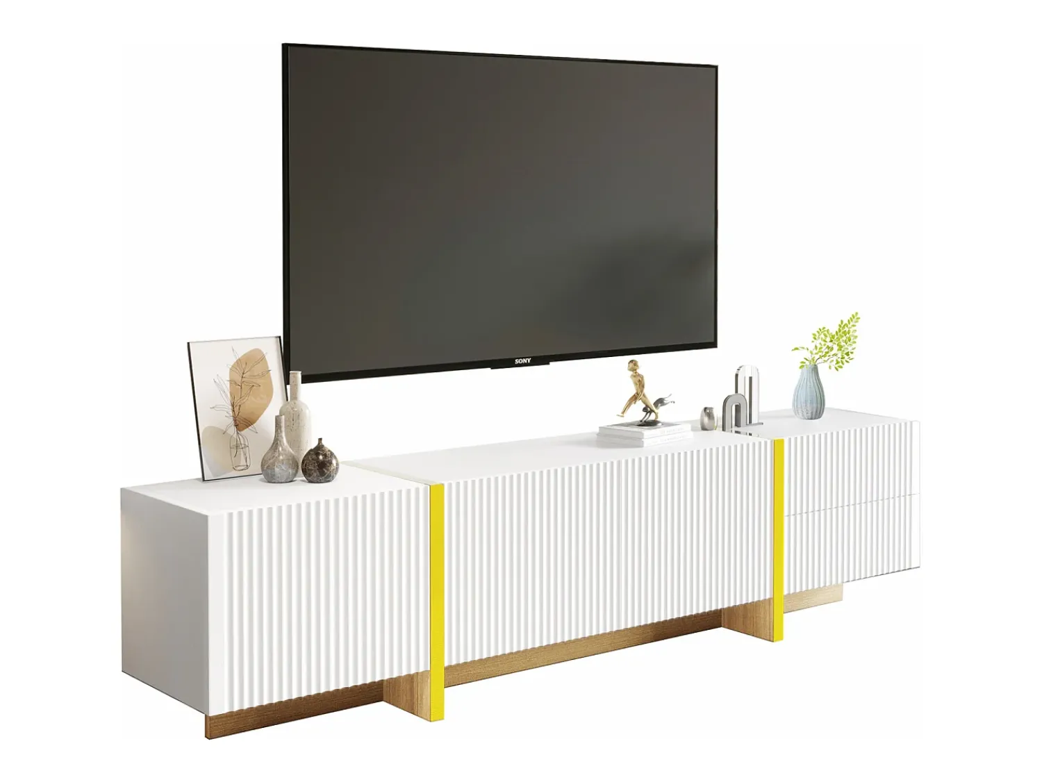 New Móvel TV 190x35x45cm - com 3 portas 2 gavetas - grão e madeira - MDF+PB - Branco+ Dourado