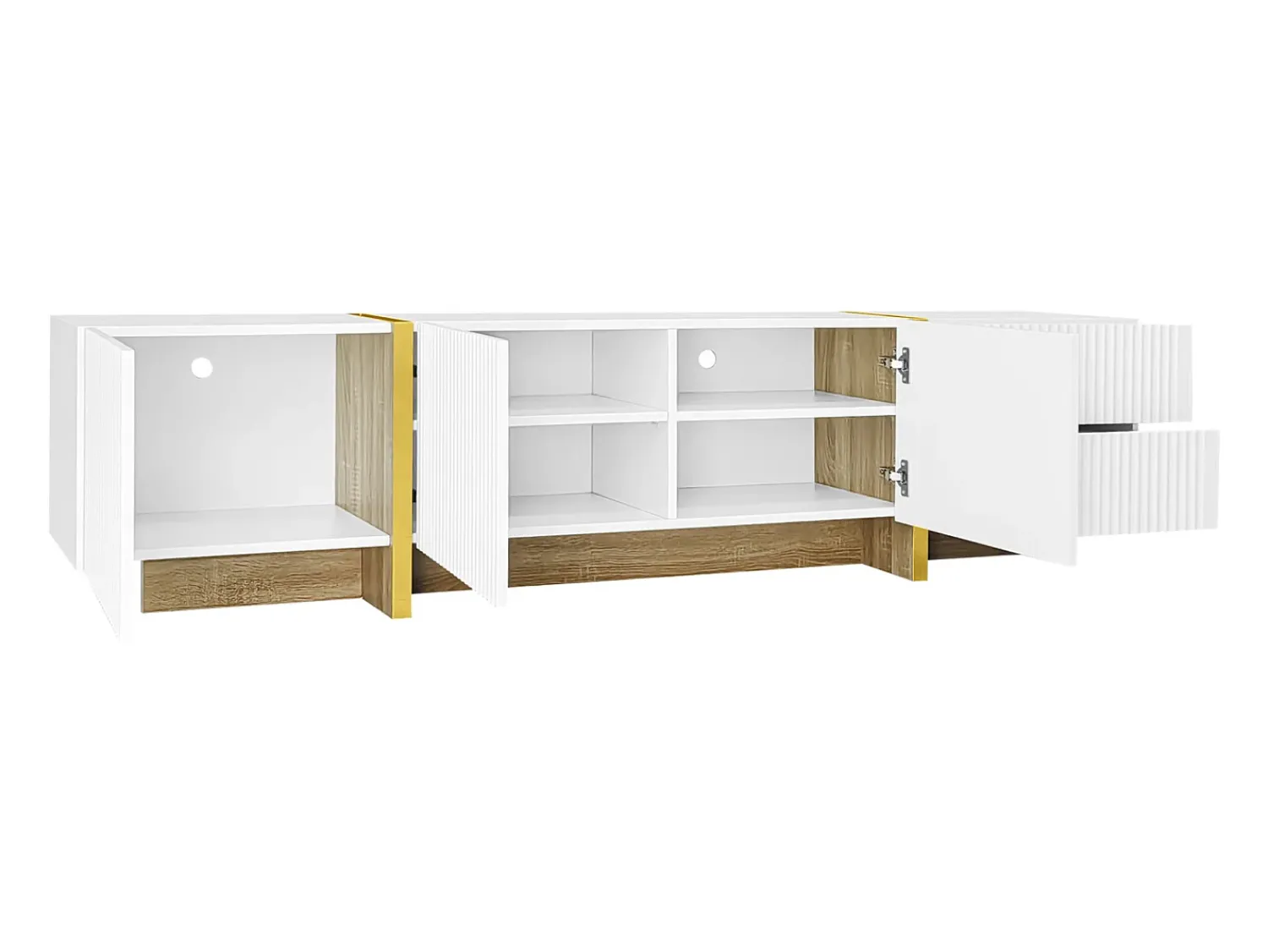 New Móvel TV 190x35x45cm - com 3 portas 2 gavetas - grão e madeira - MDF+PB - Branco+ Dourado