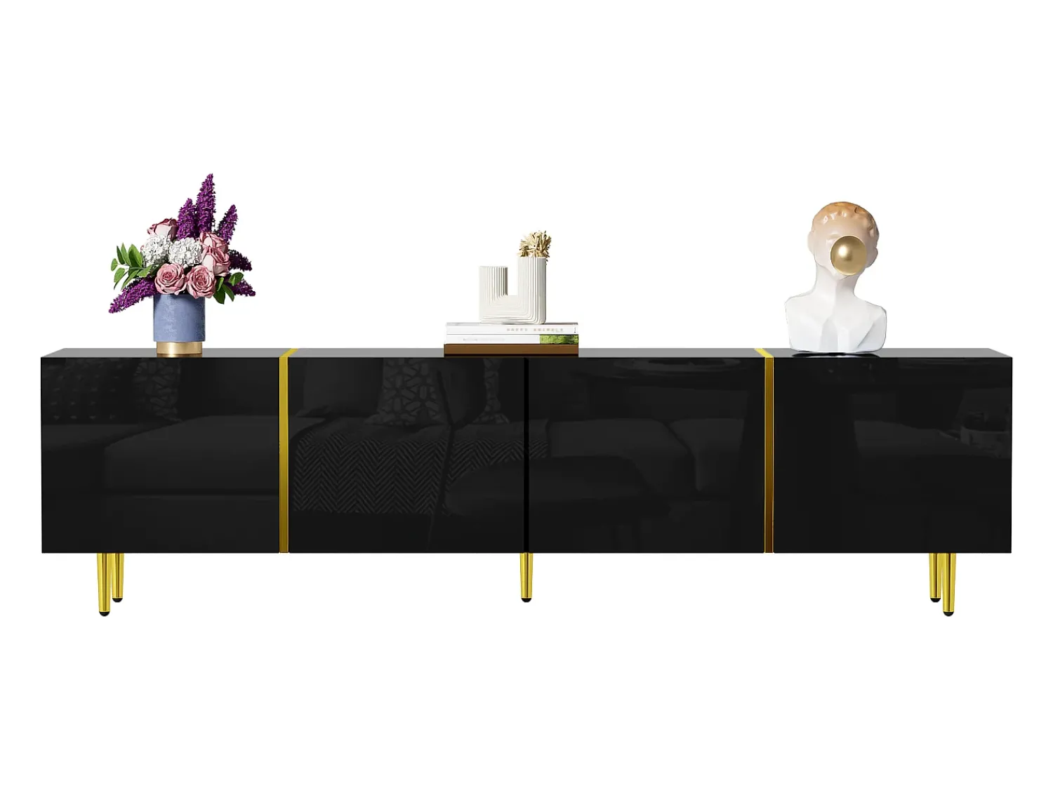 Móvel De Tv* Móvel TV 170x35x46cm - Móvel 4 portas brilhante - moderno e simples - MDF Preto