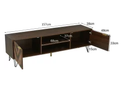 Móvel TV 160x38x47cm - Móvel TV 2 portas em folheado de madeira maciça com 2 compartimentos, puxadores dourados e pés em ferro - castanho^ Móvel De Tv