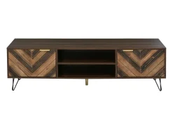 Móvel TV 160x38x47cm - Móvel TV 2 portas em folheado de madeira maciça com 2 compartimentos, puxadores dourados e pés em ferro - castanho^ Móvel De Tv