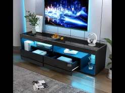 Best Hauss Spole Móvel TV 180x40x46cm com 2 gavetas, LED incluído, corpo em lacado Preto