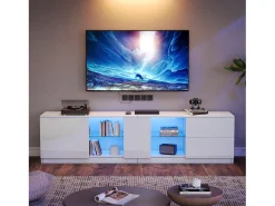 Clearance Hauss Spole Móvel TV 160x40x52cm com 1 porta, 2 gavetas e prateleiras de vidro, LED incluído, corpo em lacado Branco