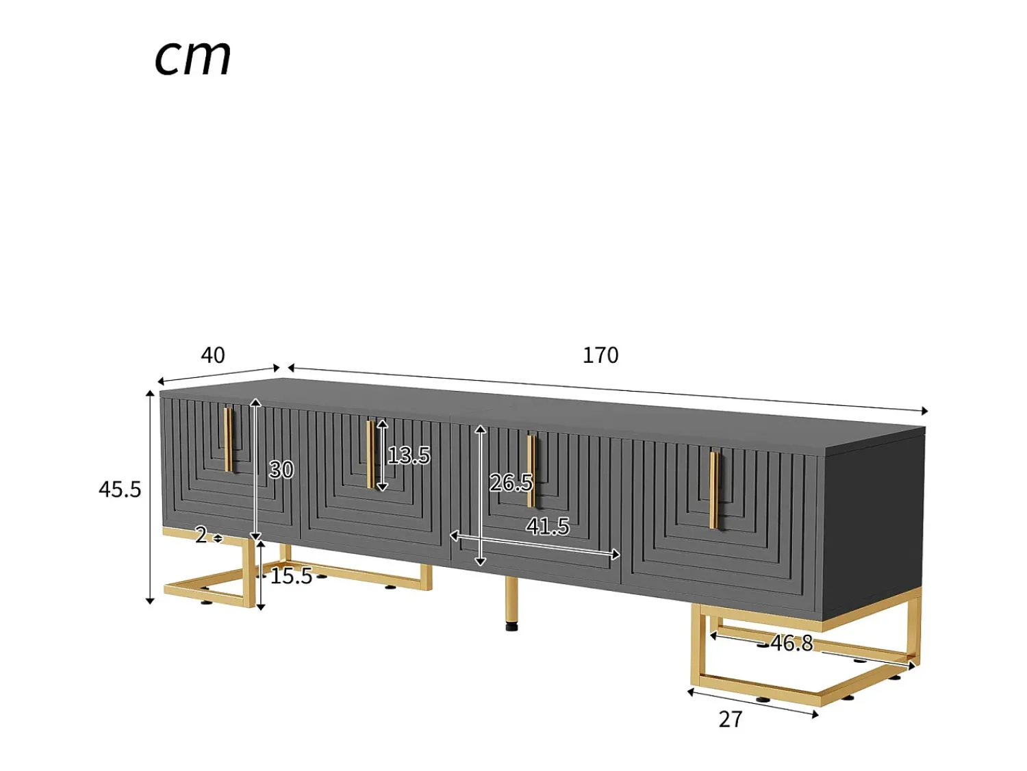 Móvel TV 170x40x45,5cm, com 4 portas estruturadas, puxadores e pés dourados, em aglomerado de partículas,^ Móvel De Tv
