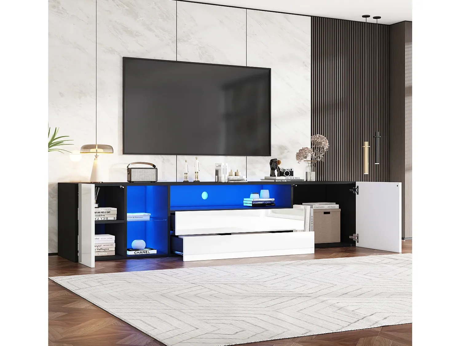 Móvel De Tv*Hauss Spole Móvel TV 180x40x45cm com 2 portas e 2 gavetas, LED incluído, corpo em laca branca e preta brilhante Branco