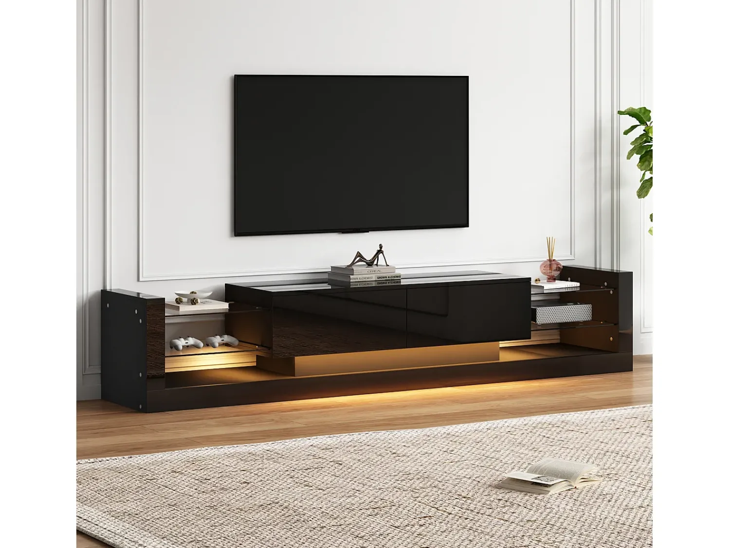 Hauss Spole Móvel TV 181x38x38cm com 2 portas e 4 prateleiras de vidro, LED incluído,^ Móvel De Tv