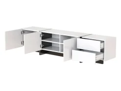 Sale Móvel TV 190x35x45cm, com 3 portas e 2 gavetas, prateleiras interiores, brilhante, estilo moderno, design linear simples, Branco