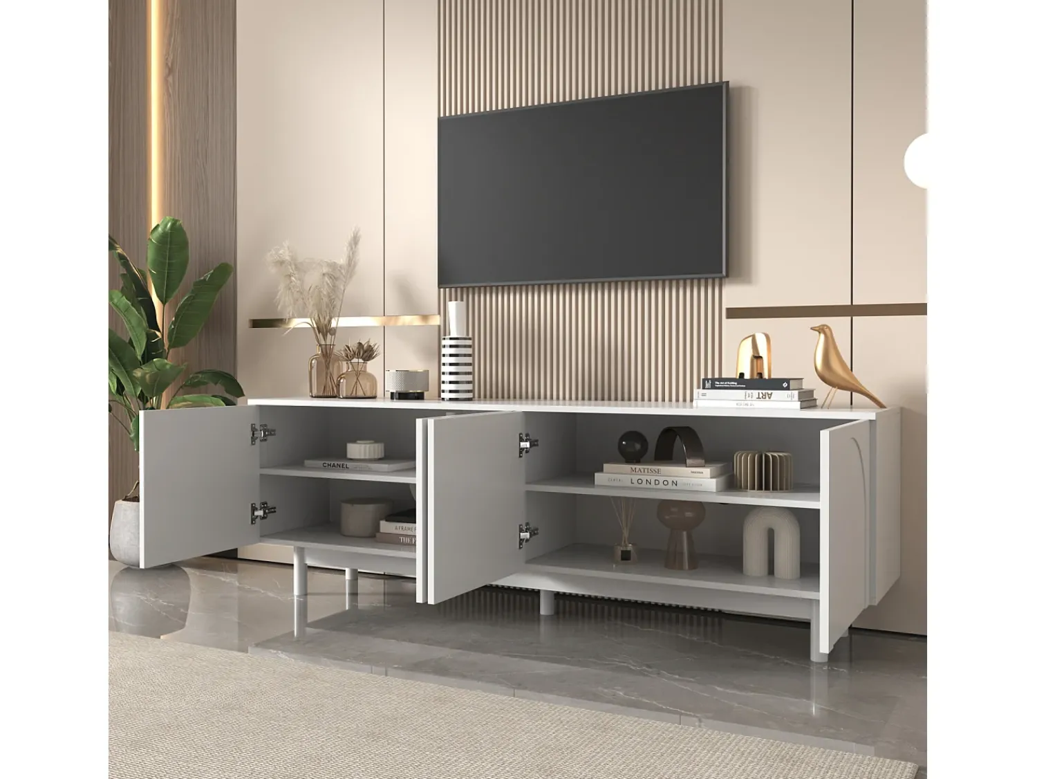 Móvel De Tv* Móvel TV 175x38x56cm, estilo light luxo, com 4 portas texturizadas, divisórias reguláveis, Branco
