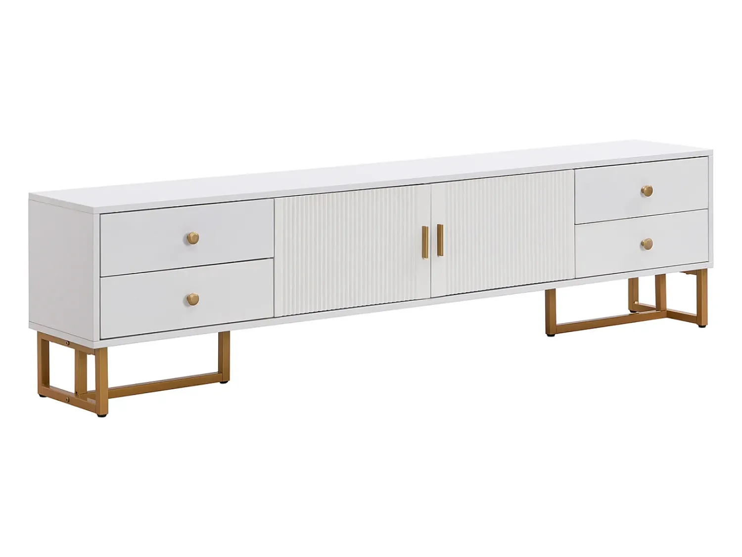 Móvel De Tv* Móvel TV 175x30x46cm, painel baixo com porta texturada, espelhos, puxadores e pés dourados, Branco