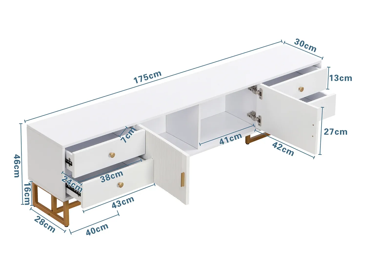 Móvel De Tv* Móvel TV 175x30x46cm, painel baixo com porta texturada, espelhos, puxadores e pés dourados, Branco