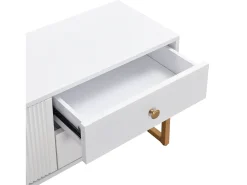 Móvel De Tv* Móvel TV 175x30x46cm, painel baixo com porta texturada, espelhos, puxadores e pés dourados, Branco