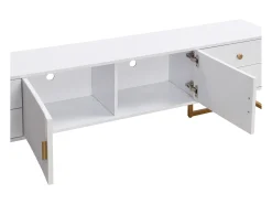 Móvel De Tv* Móvel TV 175x30x46cm, painel baixo com porta texturada, espelhos, puxadores e pés dourados, Branco