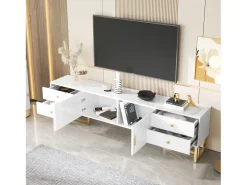 Móvel De Tv* Móvel TV 175x30x46cm, painel baixo com porta texturada, espelhos, puxadores e pés dourados, Branco