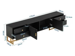 Móvel TV 175x30x46cm, painel baixo com porta texturada, espelhos, puxadores dourados e pés dourados,^ Móvel De Tv