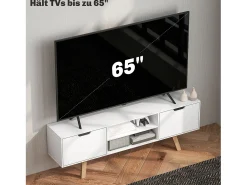 Móvel/Banco para TV em estilo escandinavo moderno com 2 portas e 2 prateleiras em madeira branca, 150 cm (comprimento) x 39 cm (largura) x 50 cm (altura)^ Móvel De Tv