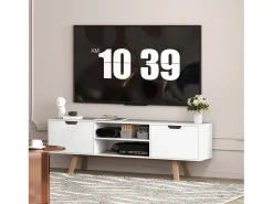 Móvel/Banco para TV em estilo escandinavo moderno com 2 portas e 2 prateleiras em madeira branca, 150 cm (comprimento) x 39 cm (largura) x 50 cm (altura)^ Móvel De Tv