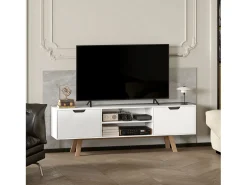 Móvel/Banco para TV em estilo escandinavo moderno com 2 portas e 2 prateleiras em madeira branca, 150 cm (comprimento) x 39 cm (largura) x 50 cm (altura)^ Móvel De Tv