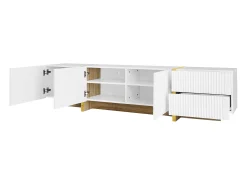 Móvel De Tv| Painel baixo para TV com pés em blocos de cores em e preto brilhante, com portas e gavetas. Branco