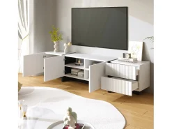 Painel baixo para TV com pés em blocos de cores em e preto brilhante, com portas e gavetas. Branco