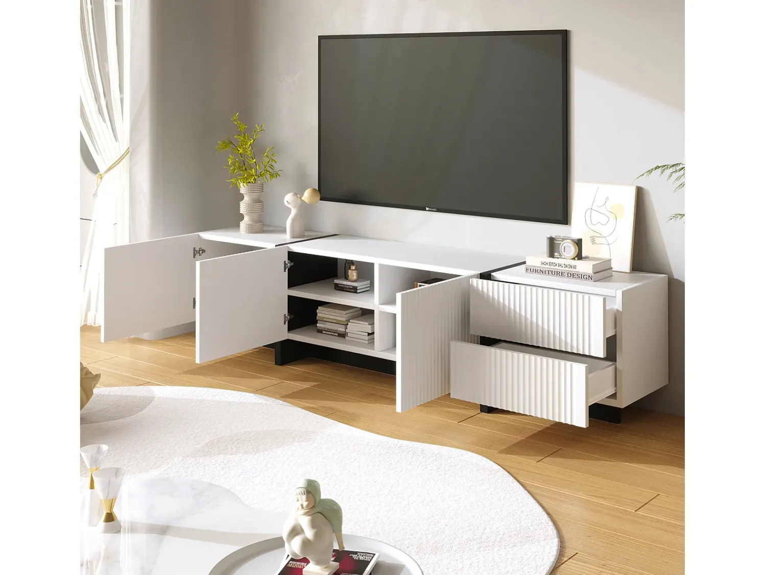 Painel baixo para TV com pés em blocos de cores em e preto brilhante, com portas e gavetas. Branco