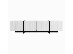 Painel baixo para TV com pés em blocos de cores em e preto brilhante, com portas e gavetas. Branco