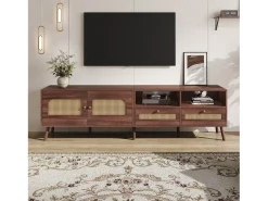 Móvel De Tv| Painel de TV com 2 portas e 2 gavetas - Suporte de TV - Design de porta de armário Ratan - para TV de 80 polegadas Castanho