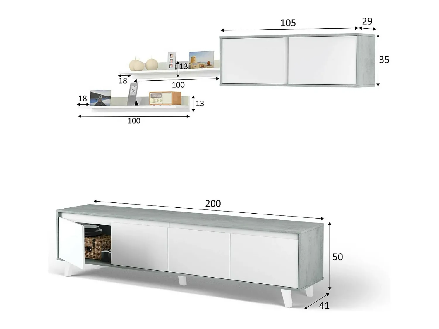 Móvel De Tv|Dmora Parede de armazenamento Vergennes, Conjunto de sala de estar, Móveis de sala multiuso, Parede de armazenamento moderna, 200x41h50 cm, Cimento e Branco Brilhante Cinzento