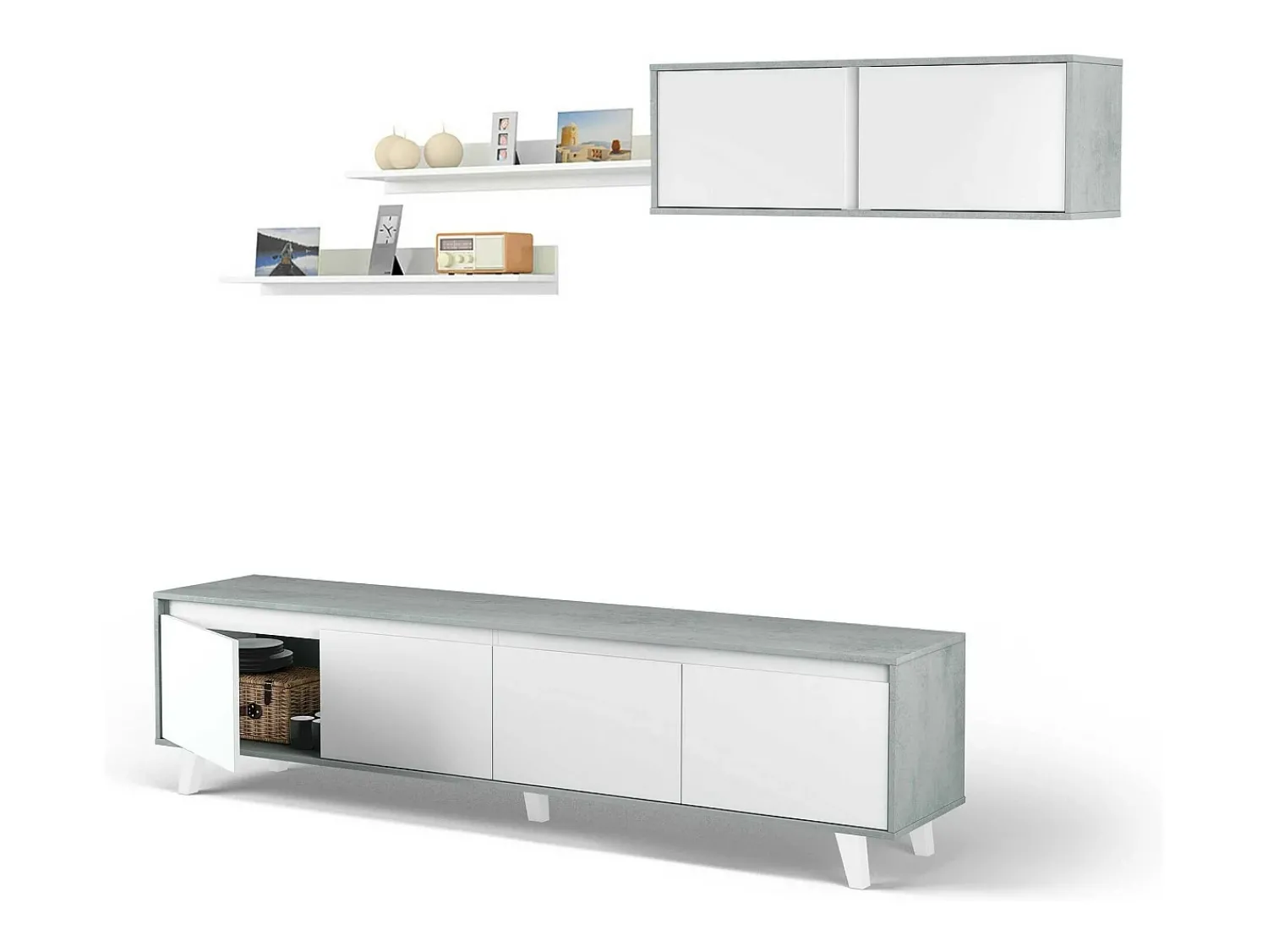 Móvel De Tv|Dmora Parede de armazenamento Vergennes, Conjunto de sala de estar, Móveis de sala multiuso, Parede de armazenamento moderna, 200x41h50 cm, Cimento e Branco Brilhante Cinzento
