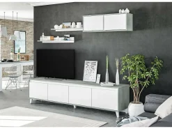 Móvel De Tv|Dmora Parede de armazenamento Vergennes, Conjunto de sala de estar, Móveis de sala multiuso, Parede de armazenamento moderna, 200x41h50 cm, Cimento e Branco Brilhante Cinzento