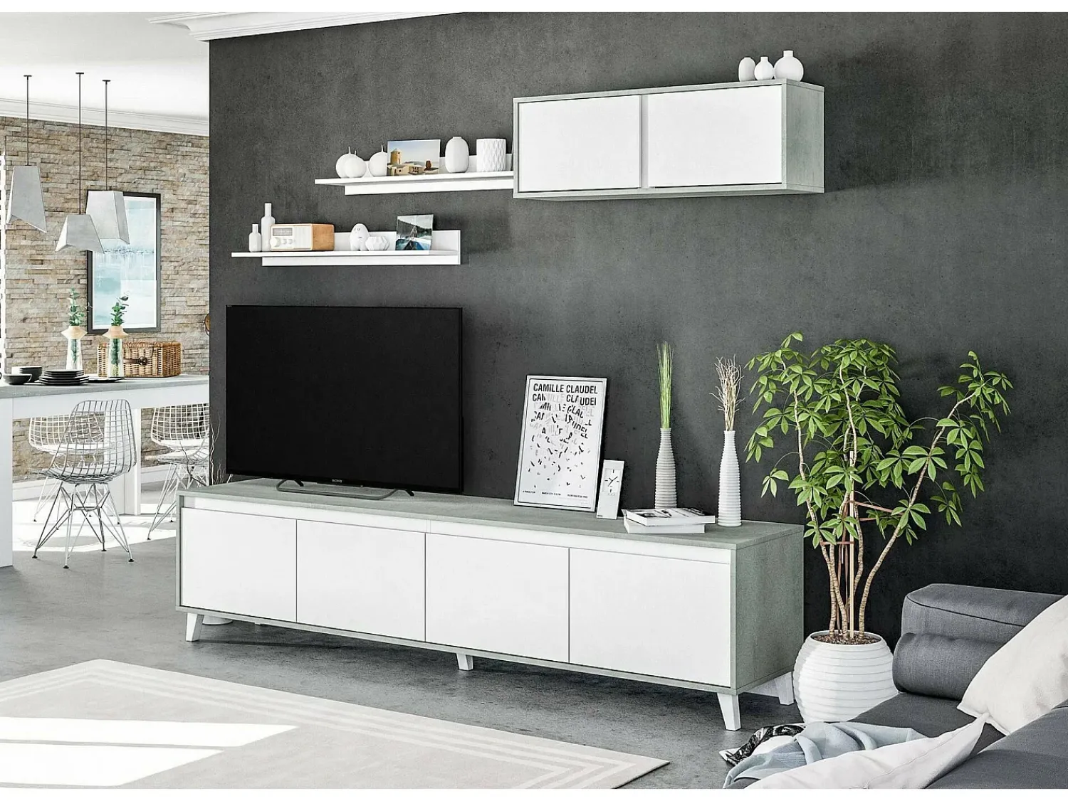 Móvel De Tv|Dmora Parede de armazenamento Vergennes, Conjunto de sala de estar, Móveis de sala multiuso, Parede de armazenamento moderna, 200x41h50 cm, Cimento e Branco Brilhante Cinzento