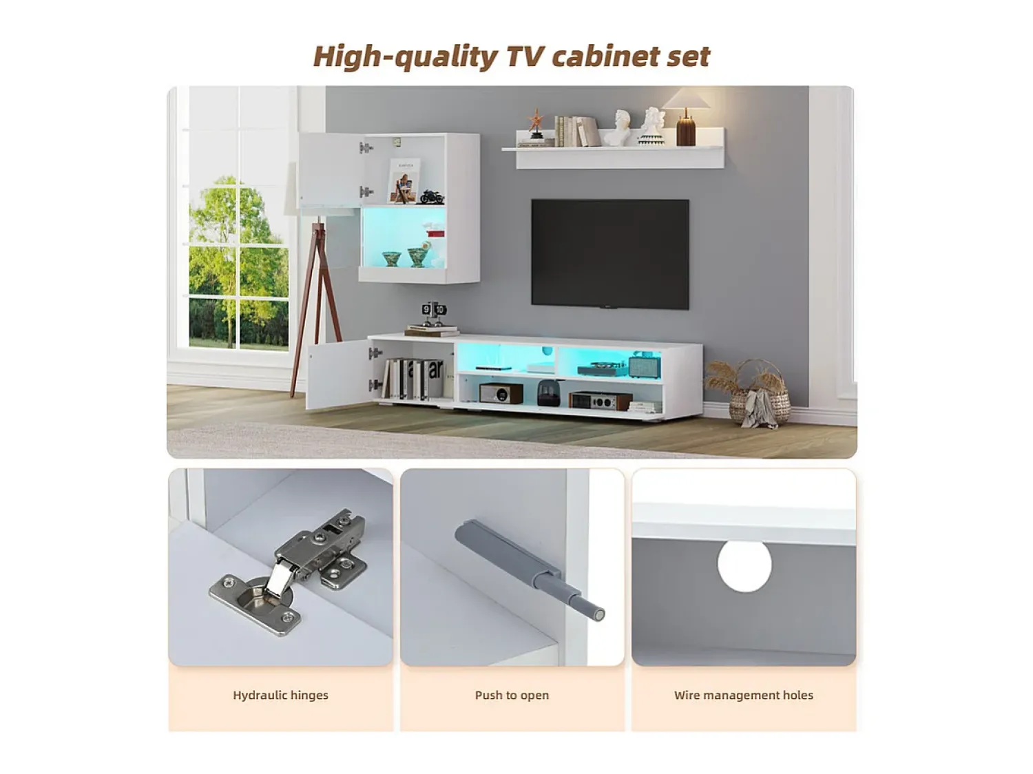Móvel De Tv|DripeX Parede TV 3 Portas e 3 Nichos - com Armazenamento e Iluminação LED - Painel de Partículas - Brilhante - Branco