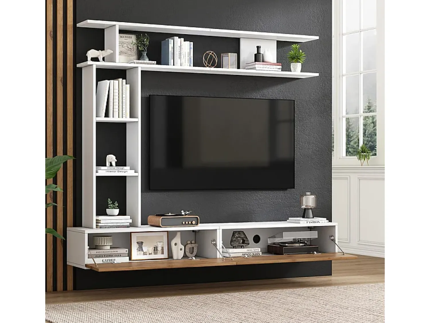 DripeX Parede TV com Armazenamento - 2 Portas - Instalação em Pé ou Pendurada - Adequado para TV abaixo de 80" - Carvalho e Branco^ Móvel De Tv