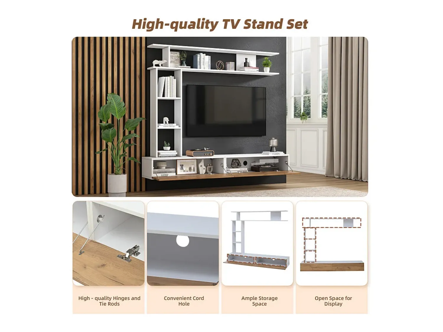 DripeX Parede TV com Armazenamento - 2 Portas - Instalação em Pé ou Pendurada - Adequado para TV abaixo de 80" - Carvalho e Branco^ Móvel De Tv